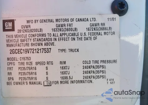 2002 Chevrolet Silverado 1500 Ls from USA, damaged, VIN 2GCEC19V721217537